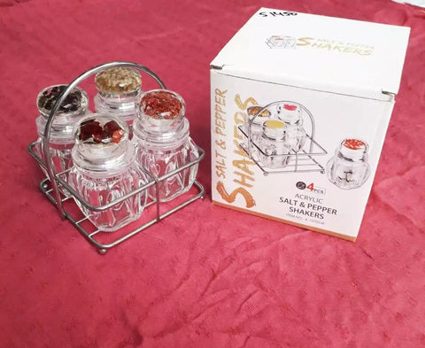 4 Pcs ACRYLIC Kitchen Salt & Pepper Shaker With Stainless Steel Holder